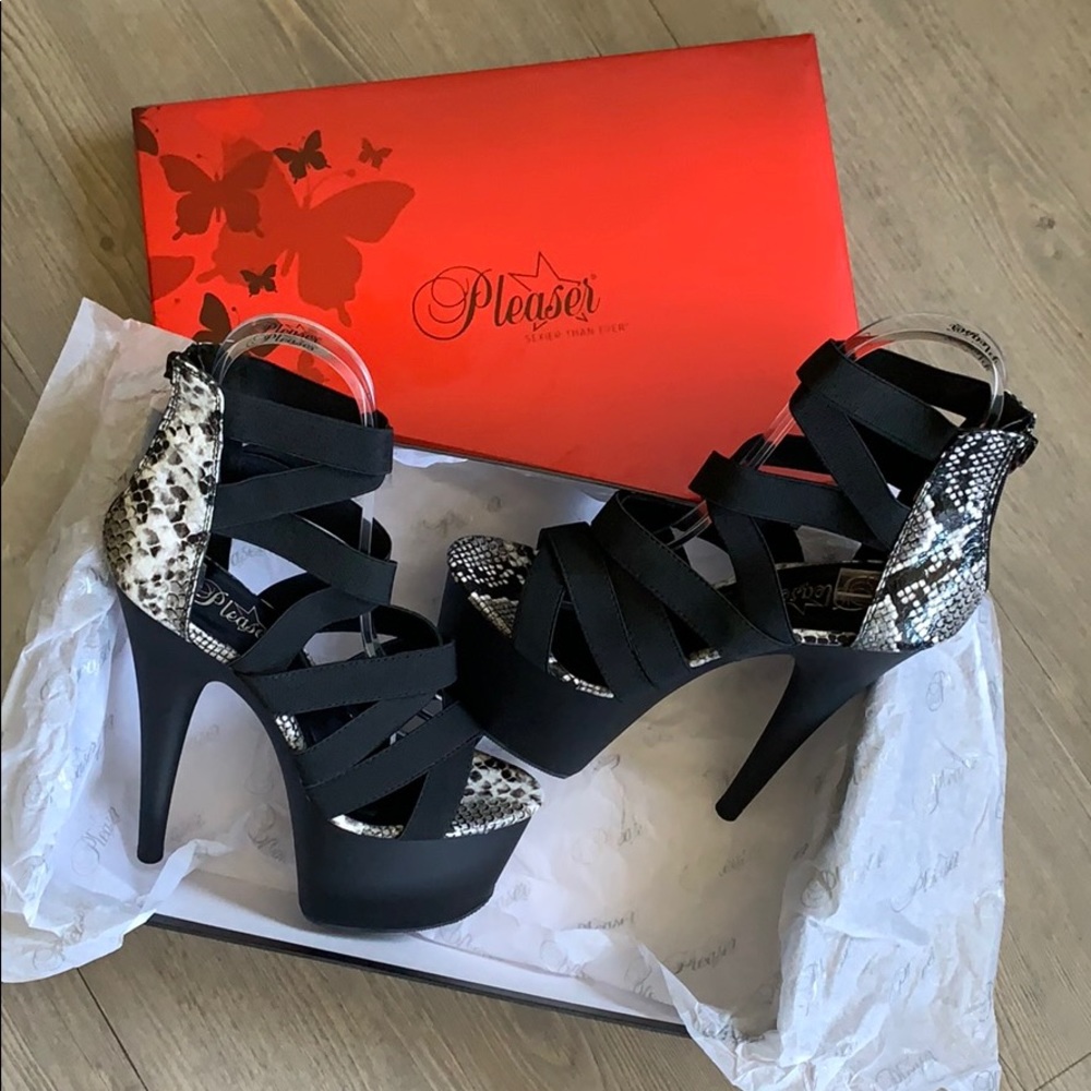 Pleaser 7" Black Strappy Platform Heels with Snakeskin Accent